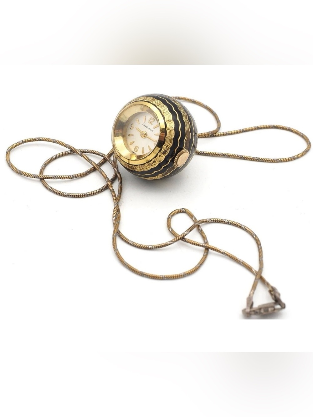 Vintage Black enamel and Gold Pendant Watch Necklace